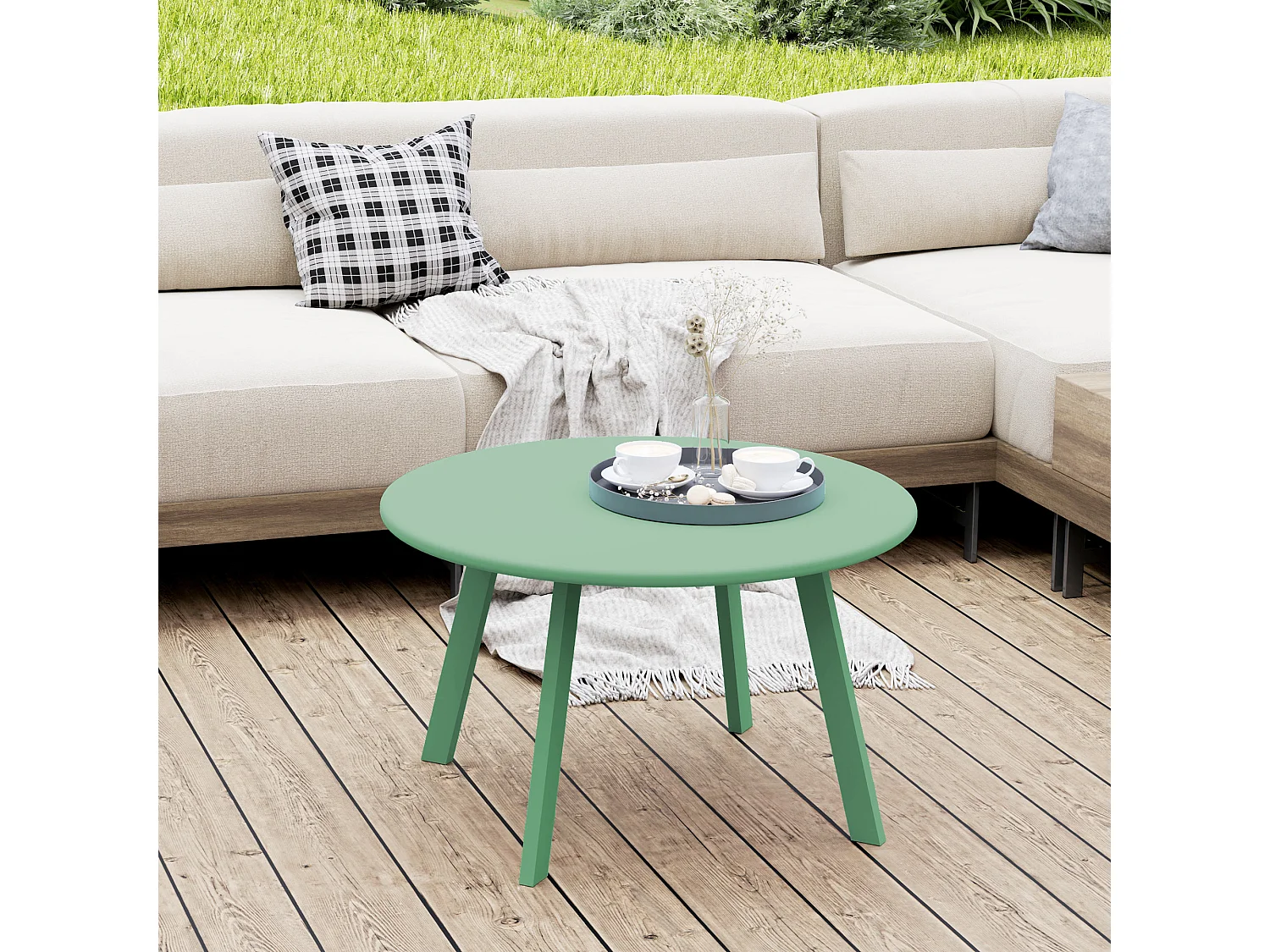 Table basse de jardin d'appoint style nordique Ø 70 x 42H cm métal époxy vert d'eau