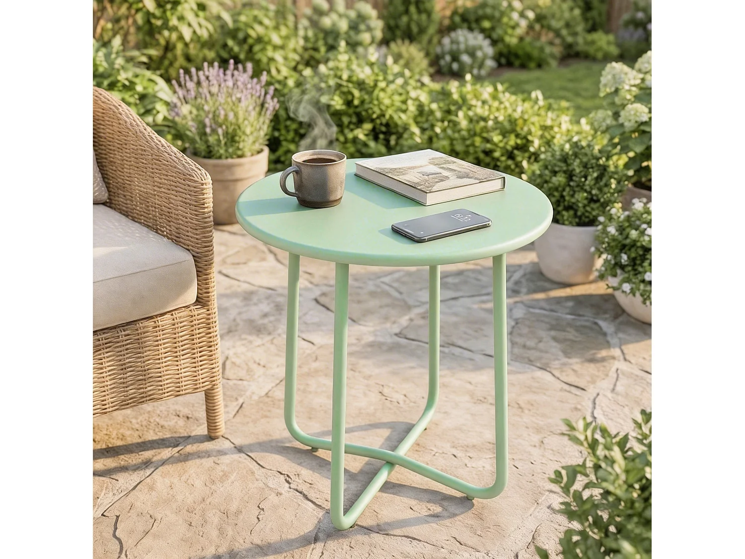 Table basse extérieure - table de jardin  ronde, bord enroulé, pieds réglables en hauteur - métal - Ø 48 x 51 cm - vert
