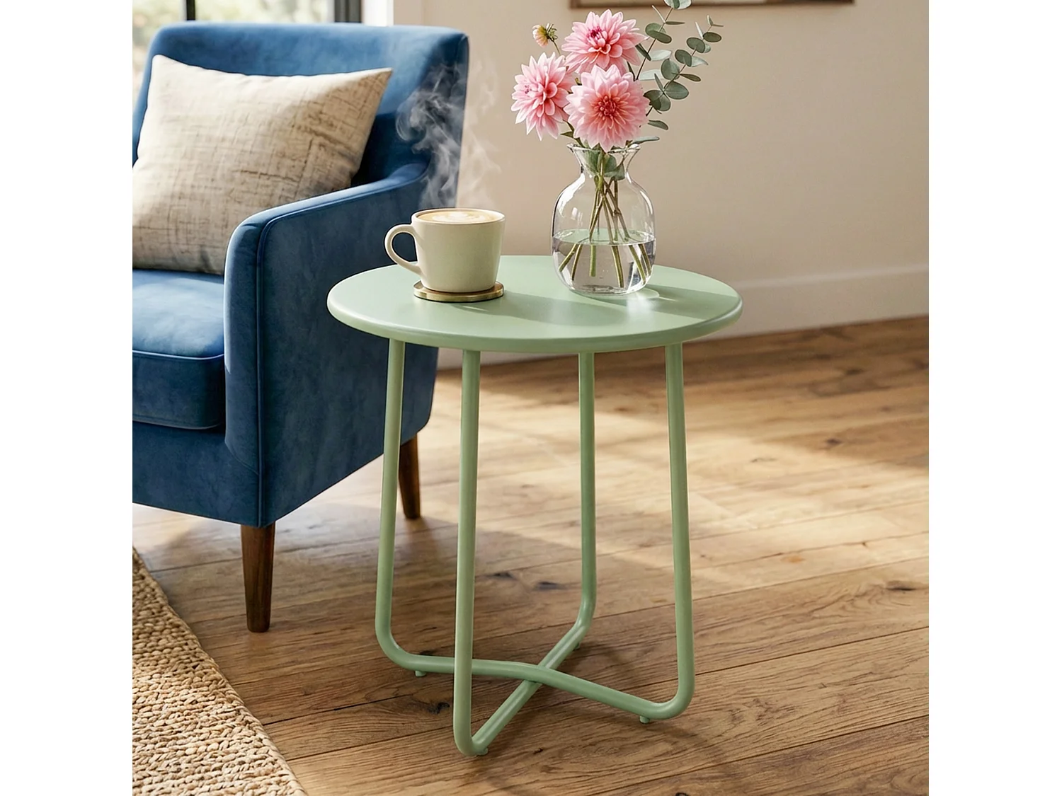 Table basse extérieure - table de jardin  ronde, bord enroulé, pieds réglables en hauteur - métal - Ø 48 x 51 cm - vert