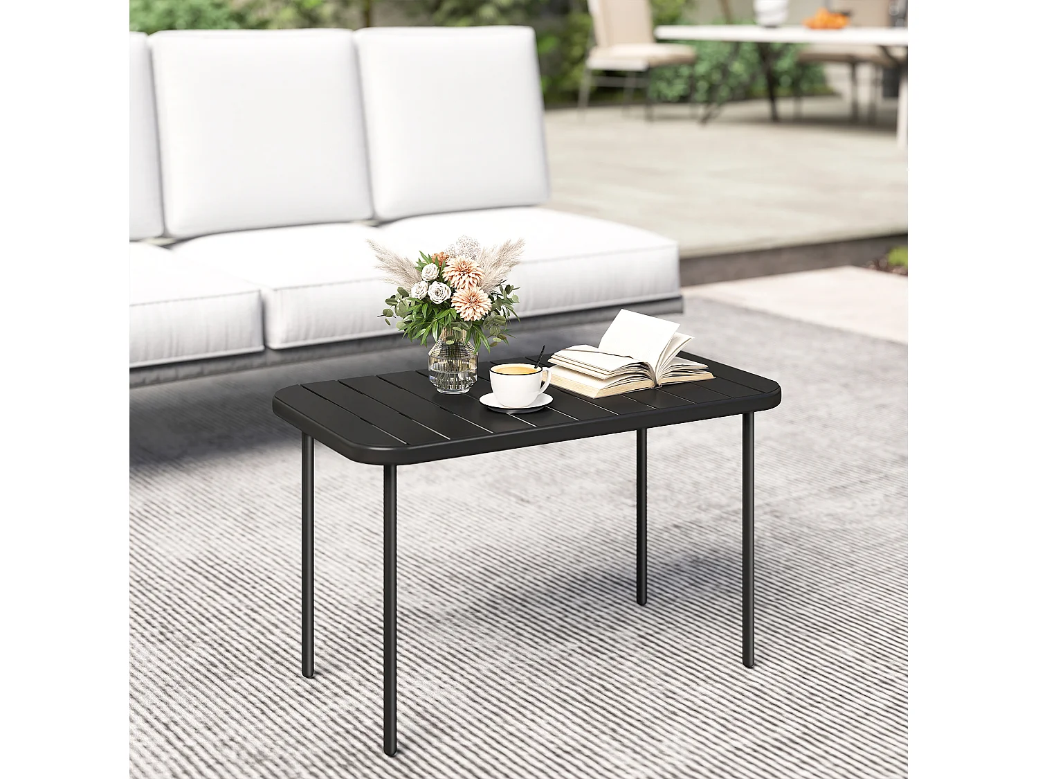 Table basse de jardin style néo-rétro rectangulaire arrondie métal noir