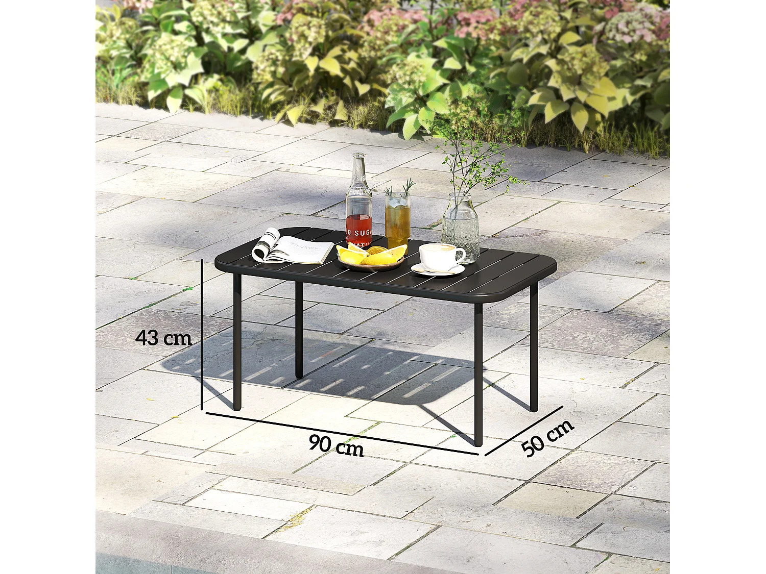 Table basse de jardin style néo-rétro rectangulaire arrondie métal noir