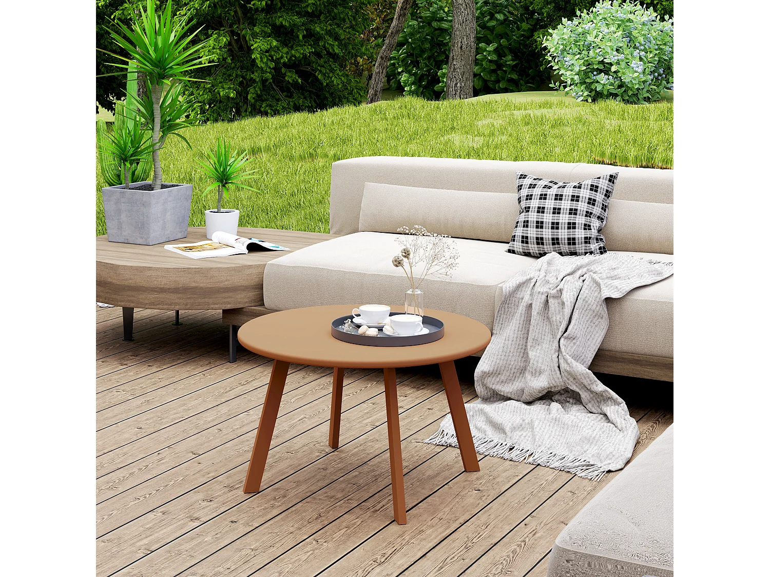Table basse de jardin d'appoint style nordique Ø 70 x 42H cm métal époxy coloris rouille