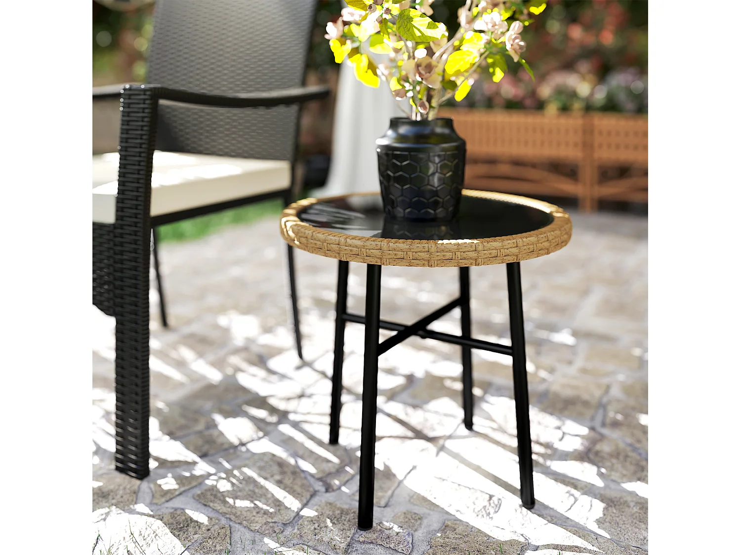 Table basse de jardin design bicolore résine effet rotin naturel noir