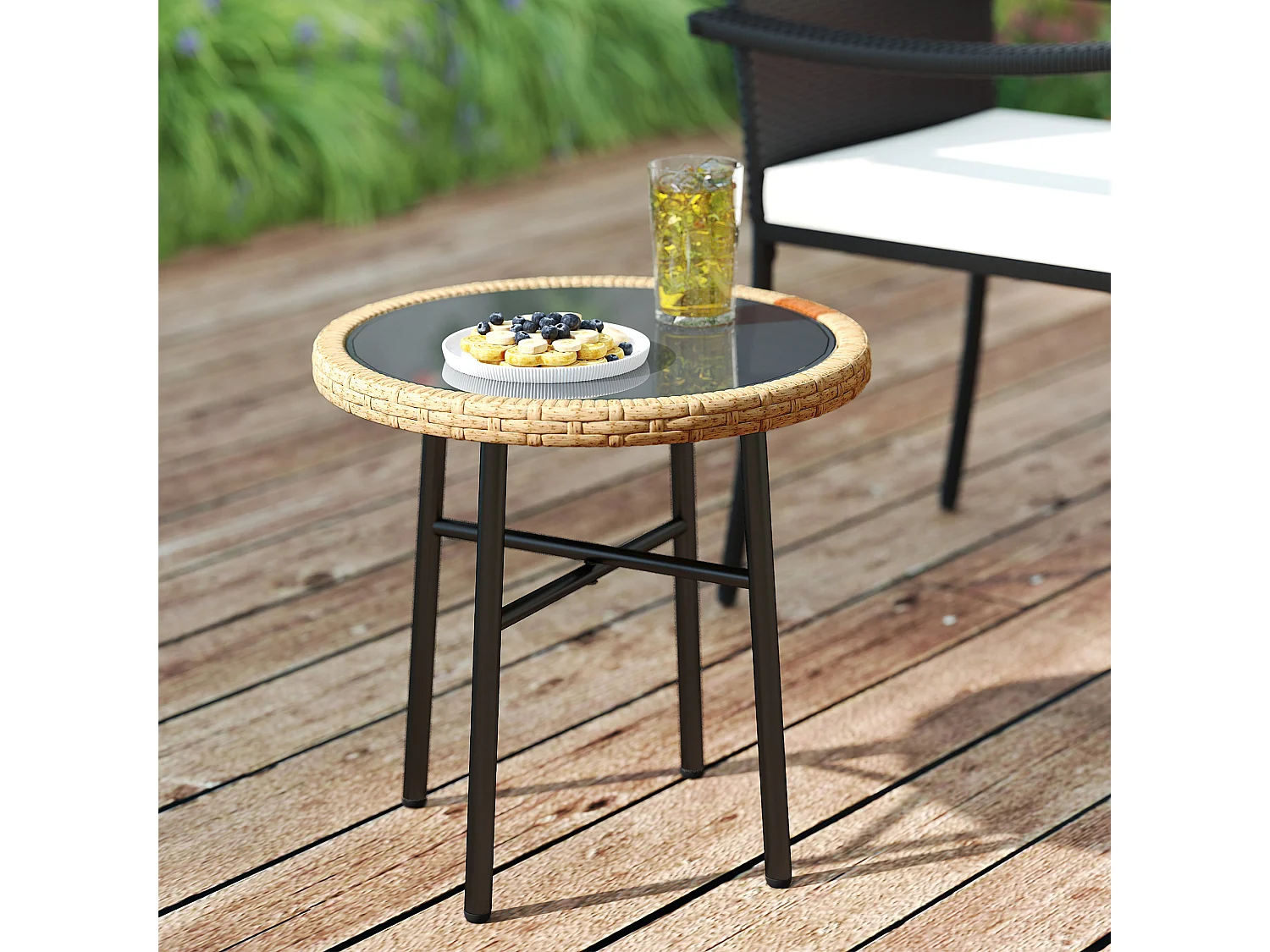 Table basse de jardin design bicolore résine effet rotin naturel noir
