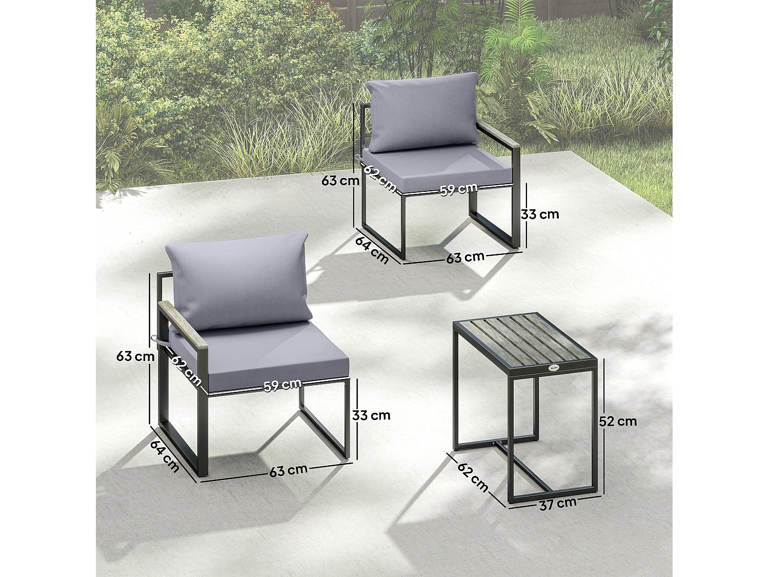 Salon de jardin design 3 pièces 2 personnes avec coussins gris