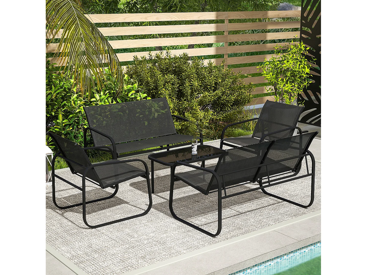Ensemble salon de jardin relax 6 personnes 5 pièces plateau verre trempé acier textilène noir