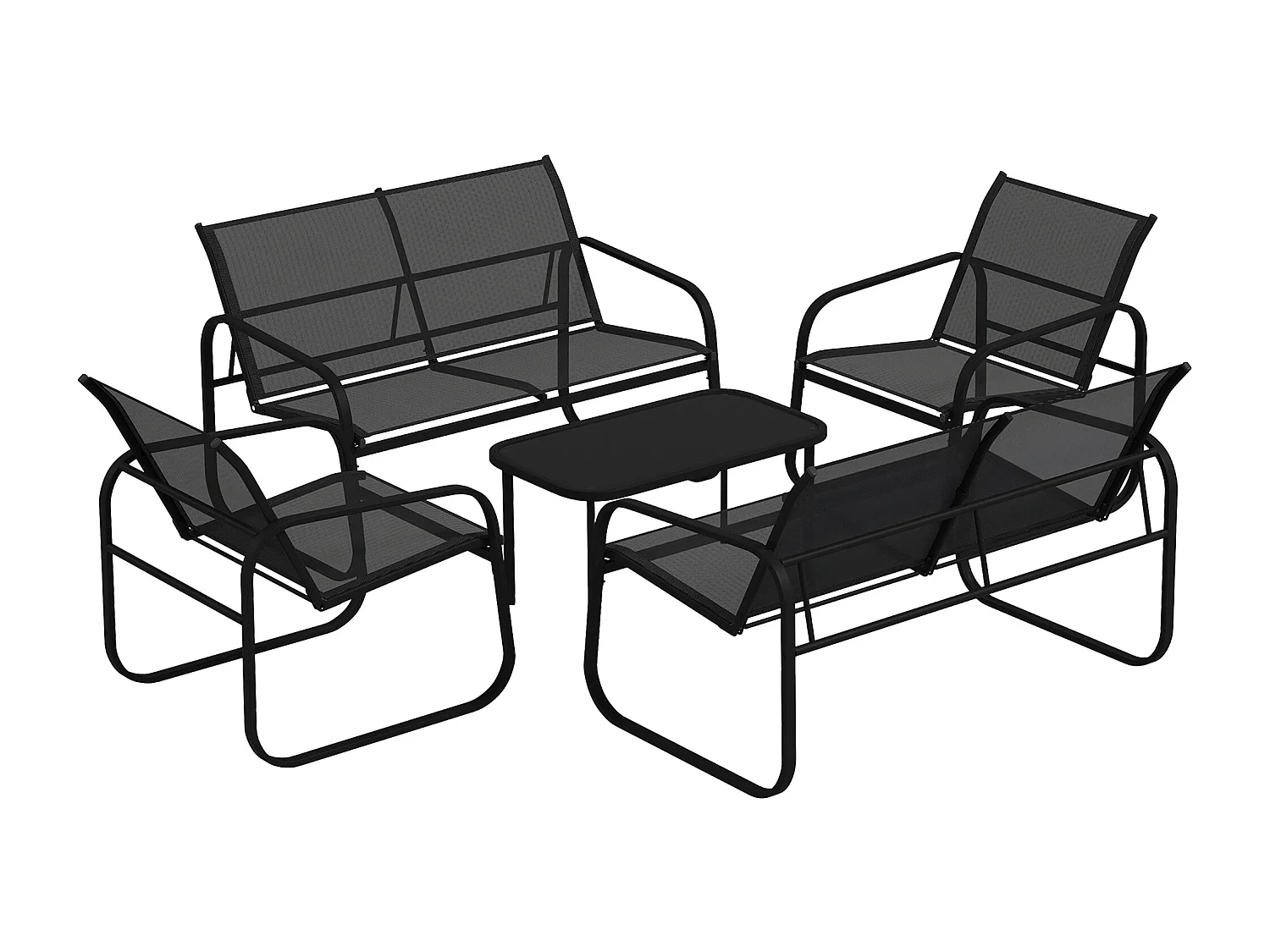 Ensemble salon de jardin relax 6 personnes 5 pièces plateau verre trempé acier textilène noir