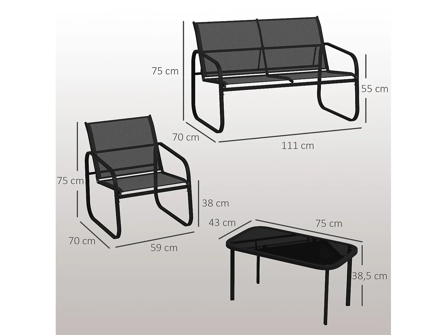 Ensemble salon de jardin relax 6 personnes 5 pièces plateau verre trempé acier textilène noir