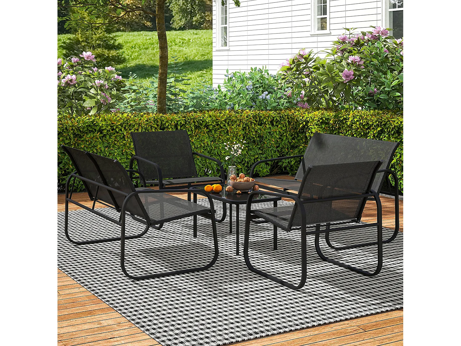 Ensemble salon de jardin relax 6 personnes 5 pièces plateau verre trempé acier textilène noir