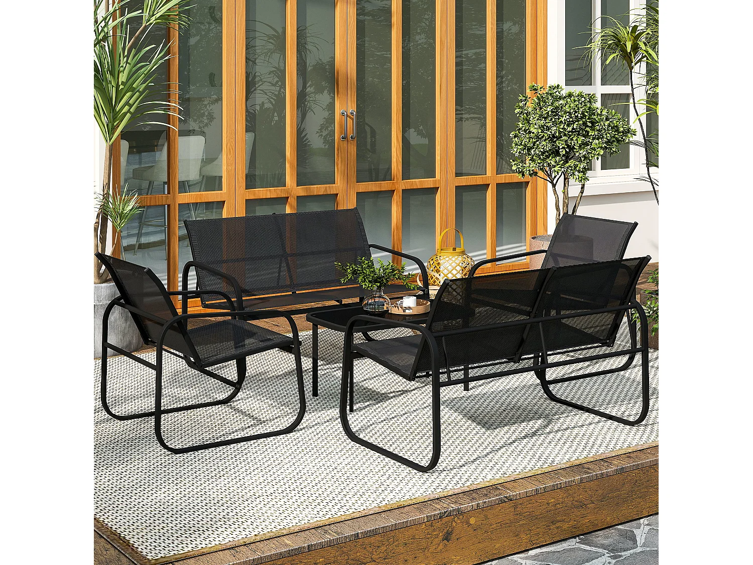 Ensemble salon de jardin relax 6 personnes 5 pièces plateau verre trempé acier textilène noir