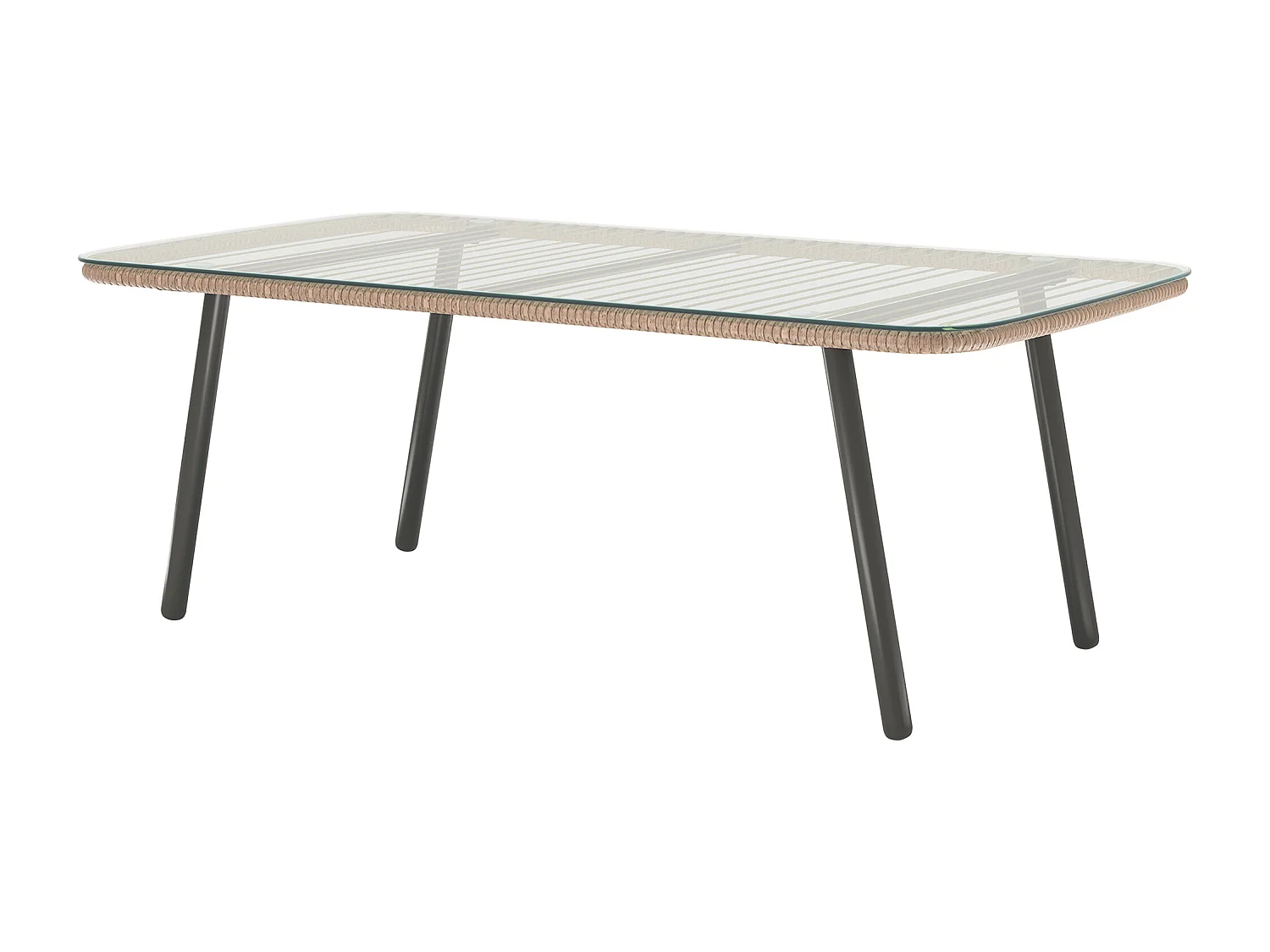 Table basse de jardin style Acapulco piètement incliné acier noir résine filée effet naturel plateau verre trempé