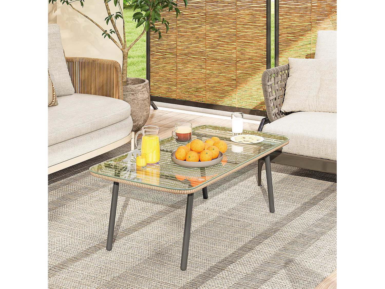 Table basse de jardin style Acapulco piètement incliné acier noir résine filée effet naturel plateau verre trempé