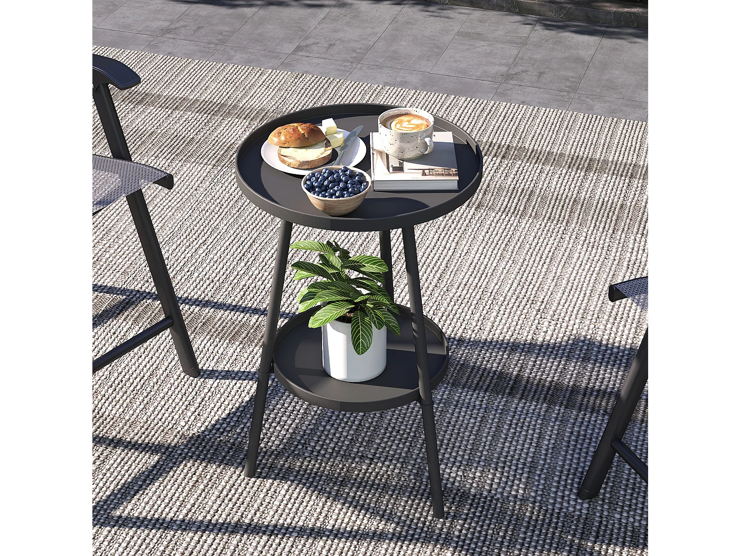 Table d'appoint de jardin ronde 2 niveaux - table basse de jardin - dia. 32 x 51 cm - métal noir