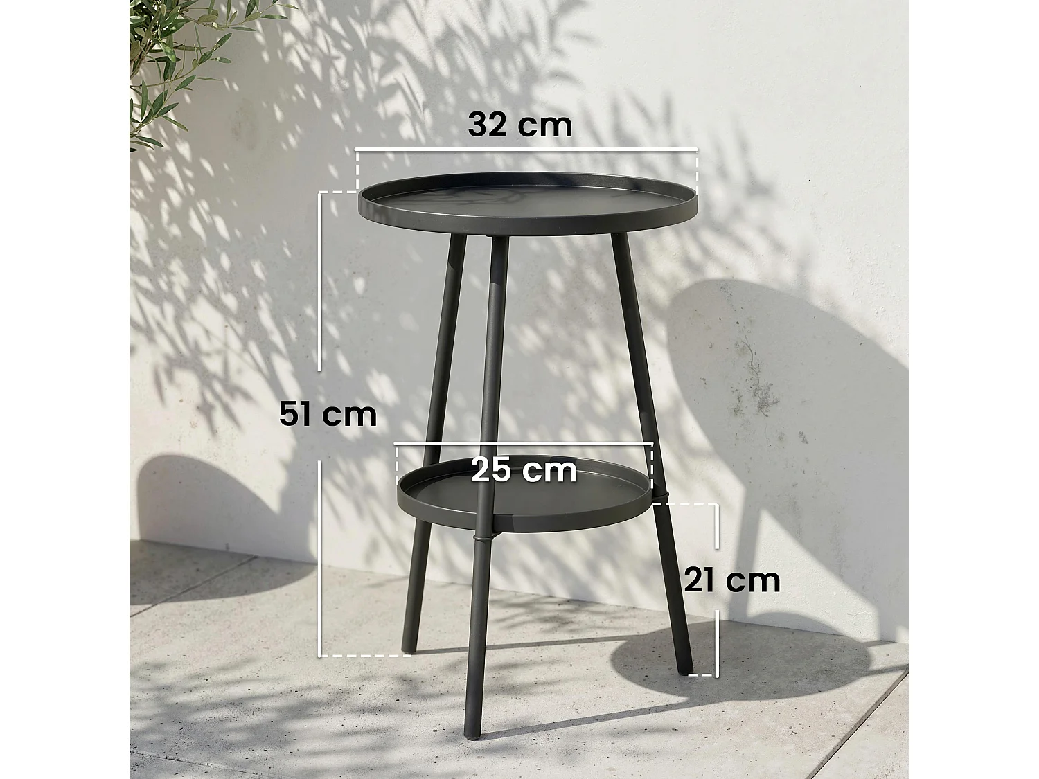 Table d'appoint de jardin ronde 2 niveaux - table basse de jardin - dia. 32 x 51 cm - métal noir
