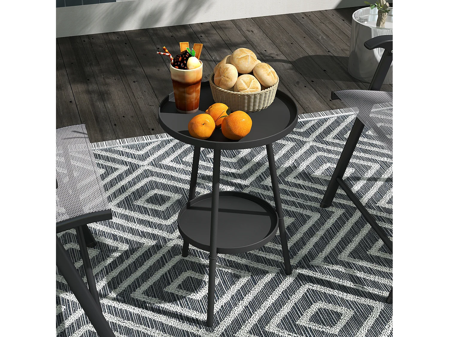 Table d'appoint de jardin ronde 2 niveaux - table basse de jardin - dia. 32 x 51 cm - métal noir