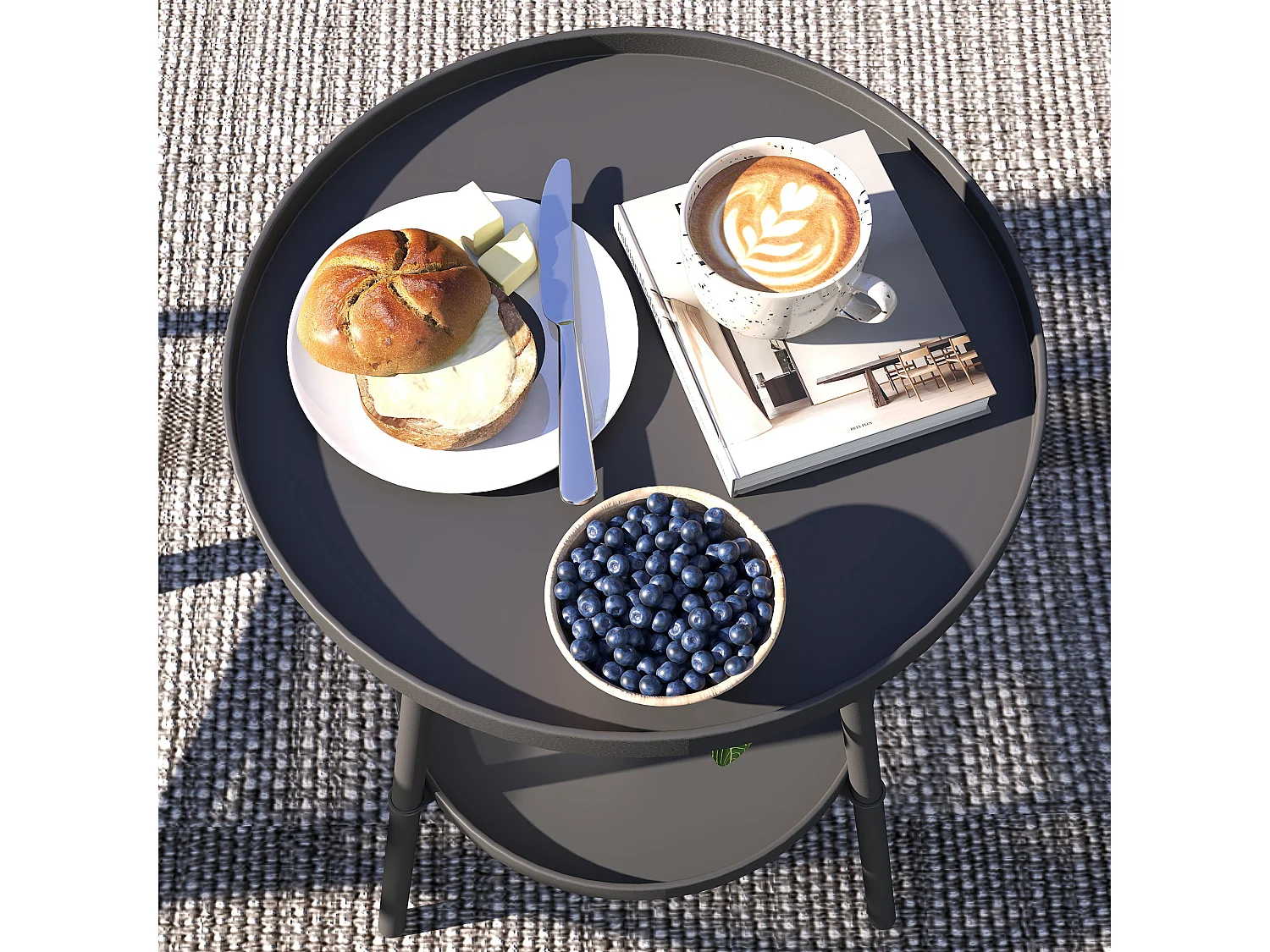 Table d'appoint de jardin ronde 2 niveaux - table basse de jardin - dia. 32 x 51 cm - métal noir