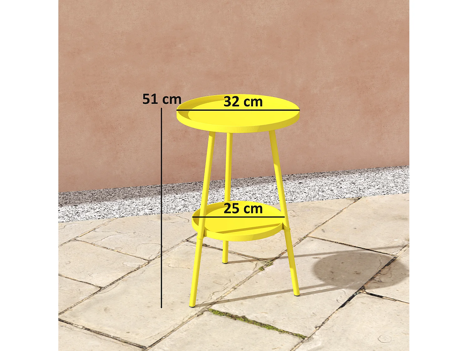 Table d'appoint de jardin ronde 2 niveaux - table basse de jardin - dia. 32 x 51 cm - métal jaune