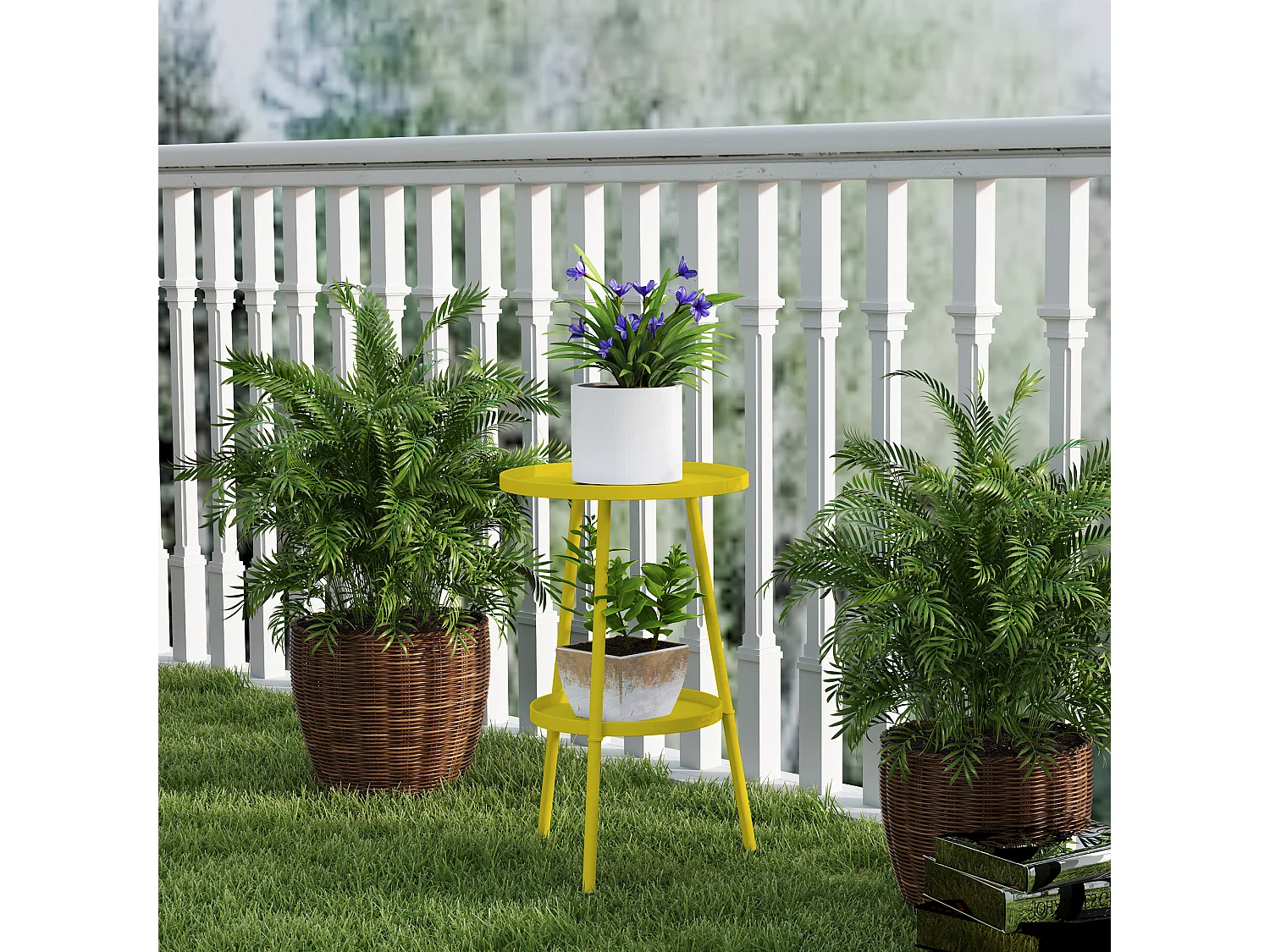 Table d'appoint de jardin ronde 2 niveaux - table basse de jardin - dia. 32 x 51 cm - métal jaune