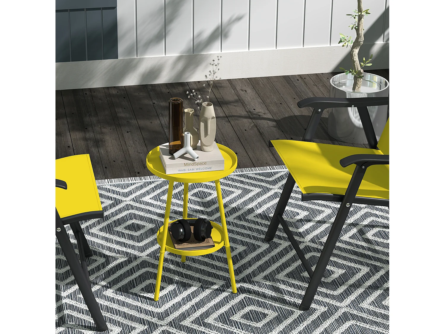 Table d'appoint de jardin ronde 2 niveaux - table basse de jardin - dia. 32 x 51 cm - métal jaune