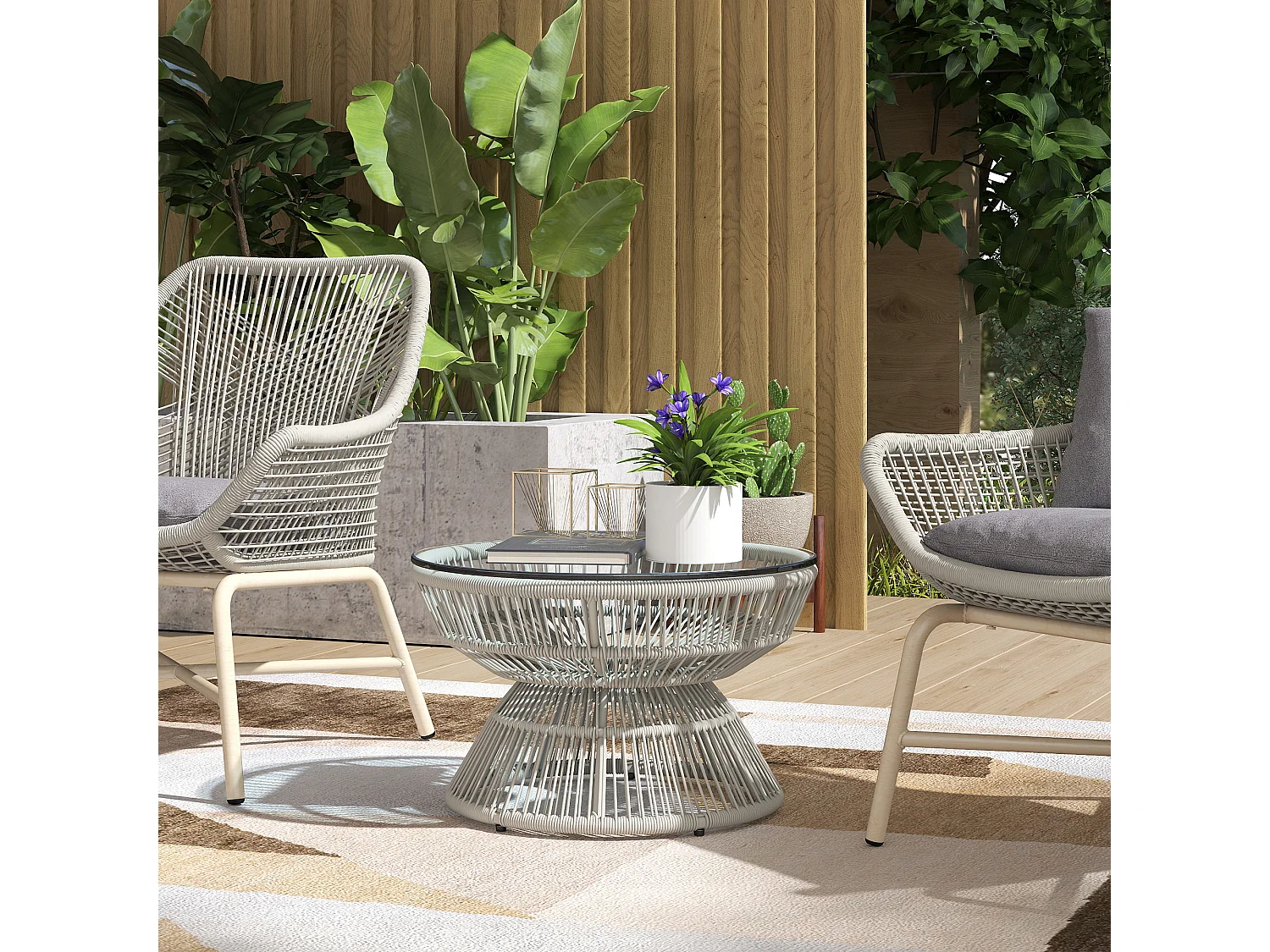 Table basse de jardin ronde résine aspect rotin plateau verre gris