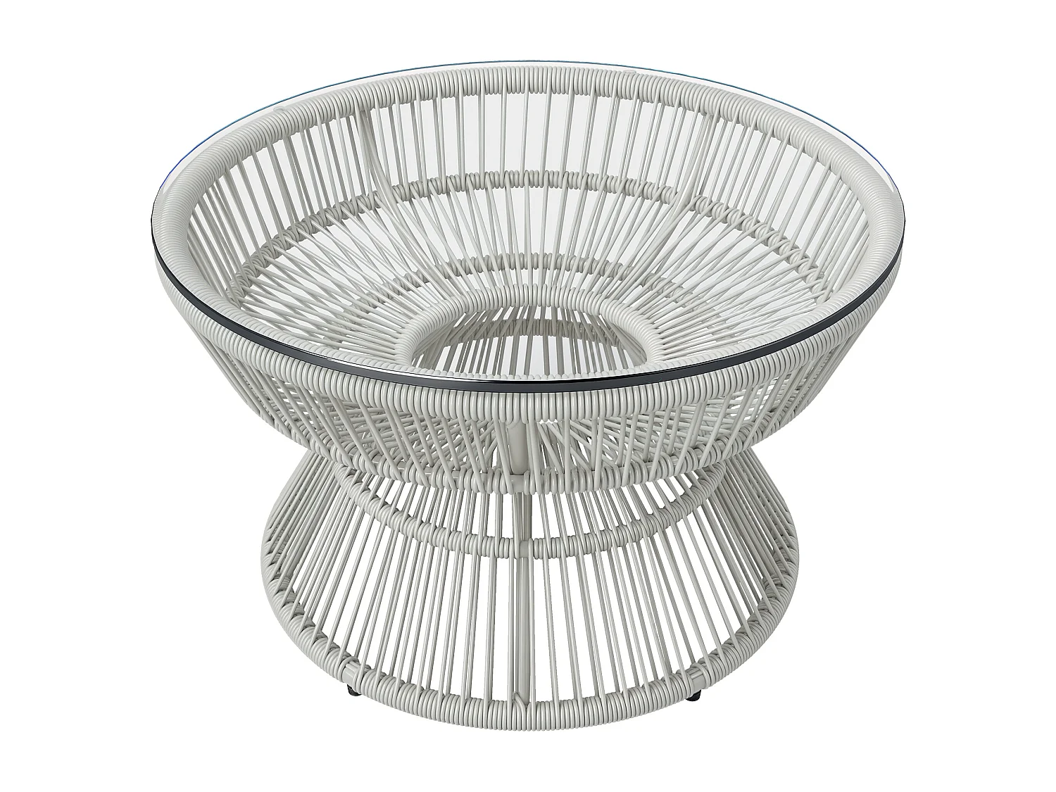 Table basse de jardin ronde résine aspect rotin plateau verre gris