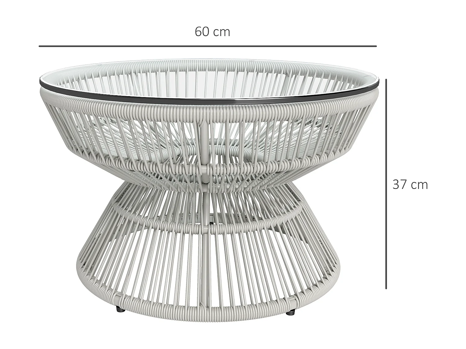 Table basse de jardin ronde résine aspect rotin plateau verre gris