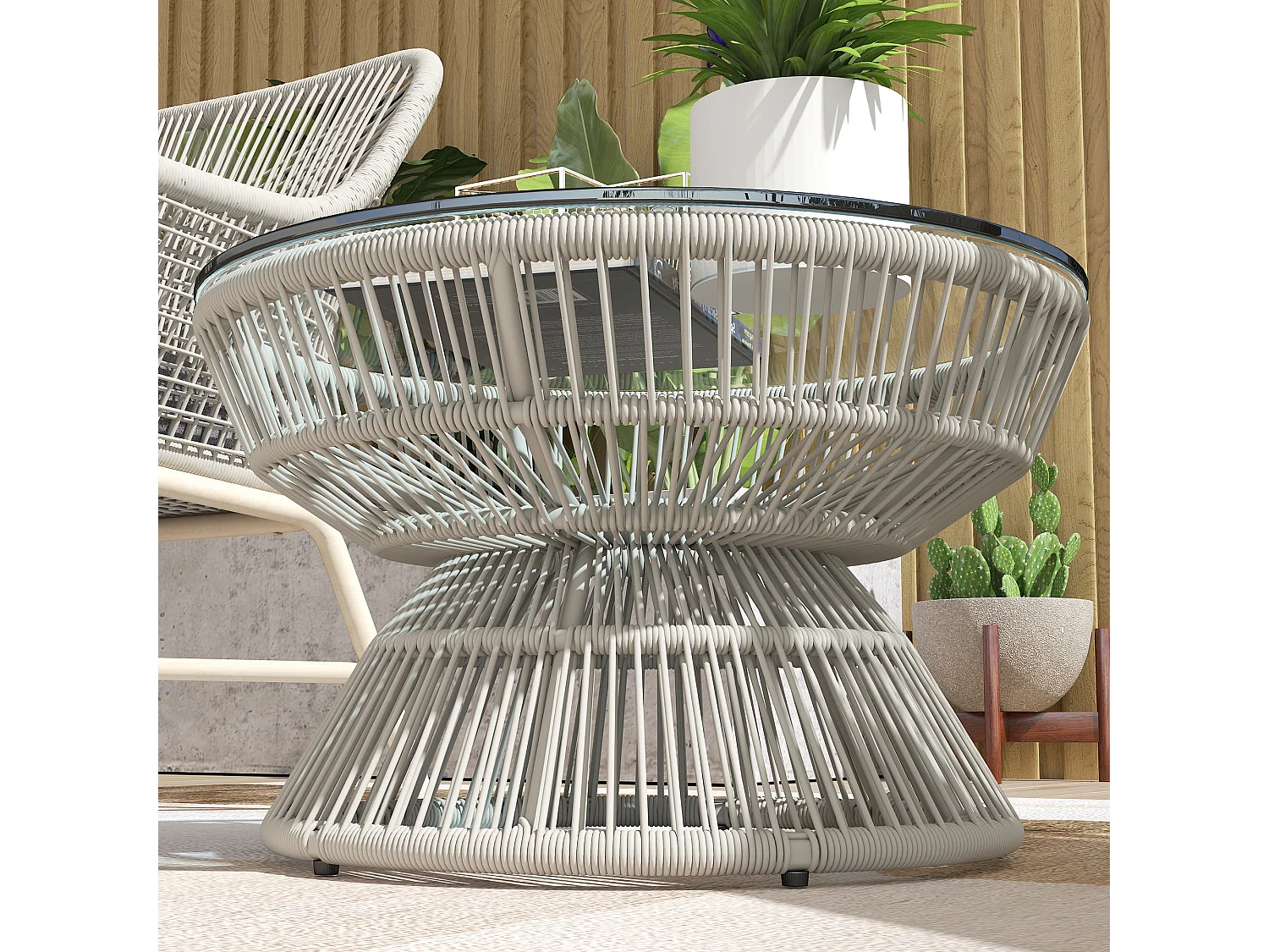 Table basse de jardin ronde résine aspect rotin plateau verre gris