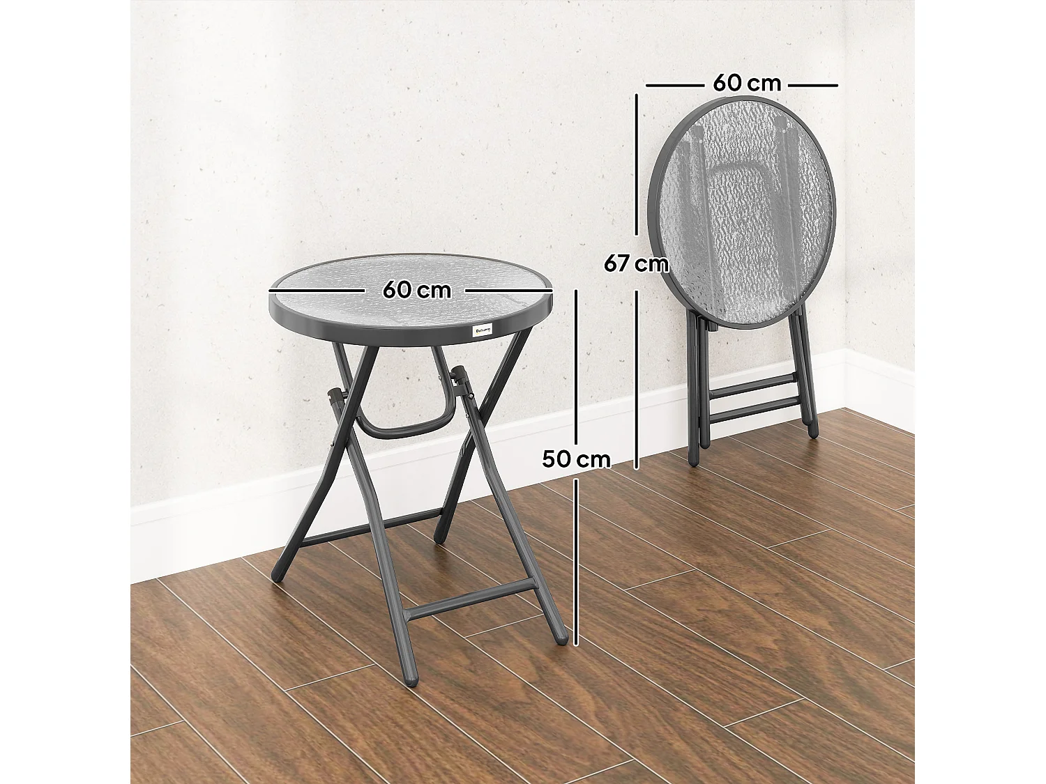 Table basse carrée bistro de jardin dia. 60 x 50 cm pliable métal époxy noir plateau verre trempé
