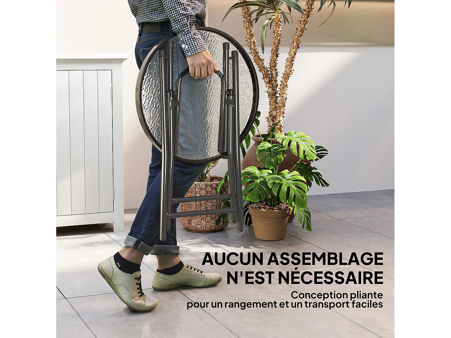 Table basse carrée bistro de jardin dia. 60 x 50 cm pliable métal époxy noir plateau verre trempé