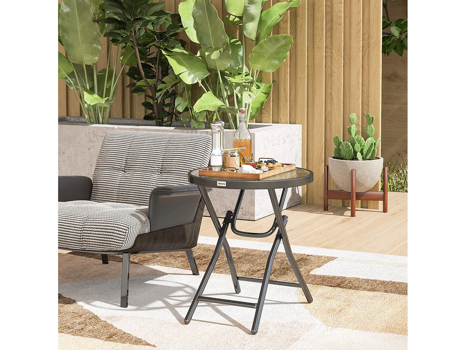 Table basse carrée bistro de jardin dia. 60 x 50 cm pliable métal époxy noir plateau verre trempé