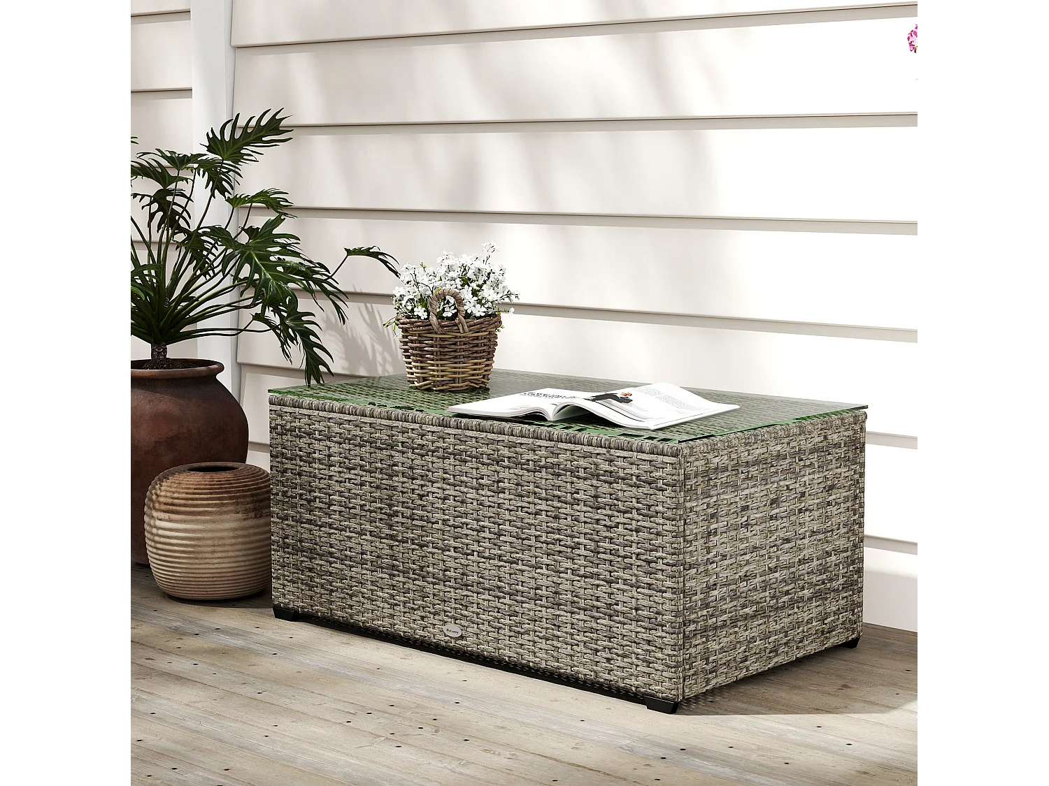 Table basse de jardin résine tressée plateau verre trempé gris