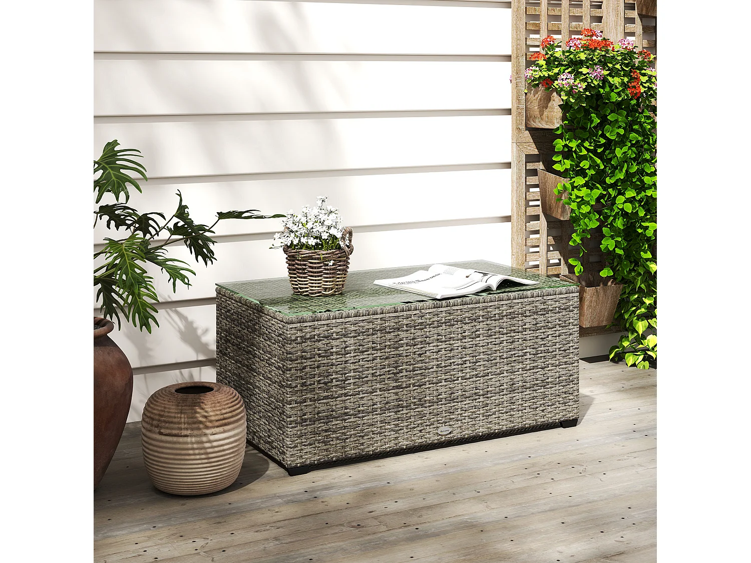 Table basse de jardin résine tressée plateau verre trempé gris