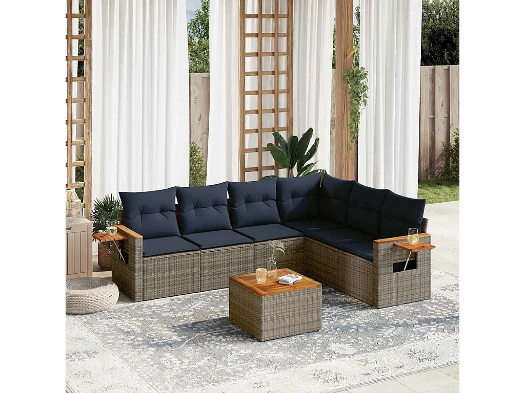 Salon de jardin 7 pièces avec coussins gris résine tressée