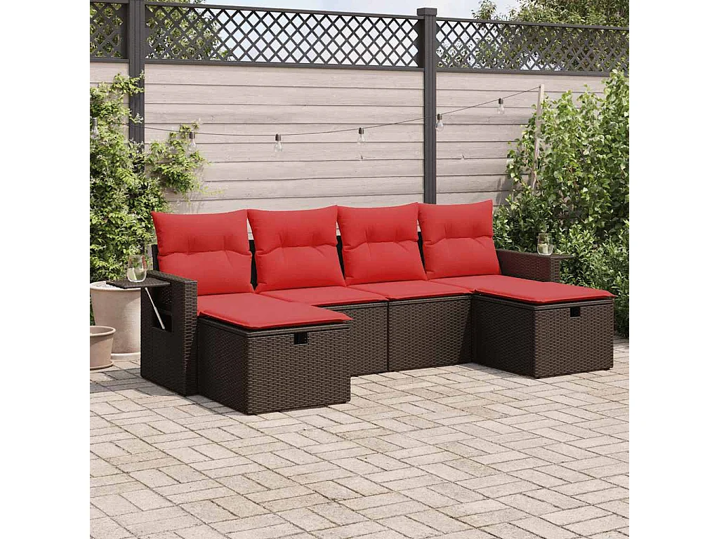 Set sofás de jardín 6 piezas y cojines ratán sintético marrón