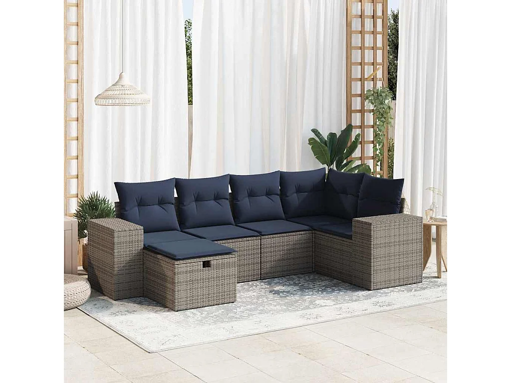 Salon de jardin 6 pièces avec coussins gris résine tressée