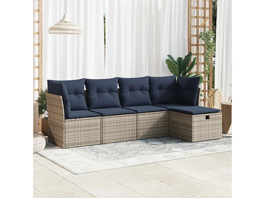 Salon de jardin 5 pièces avec coussins gris résine tressée