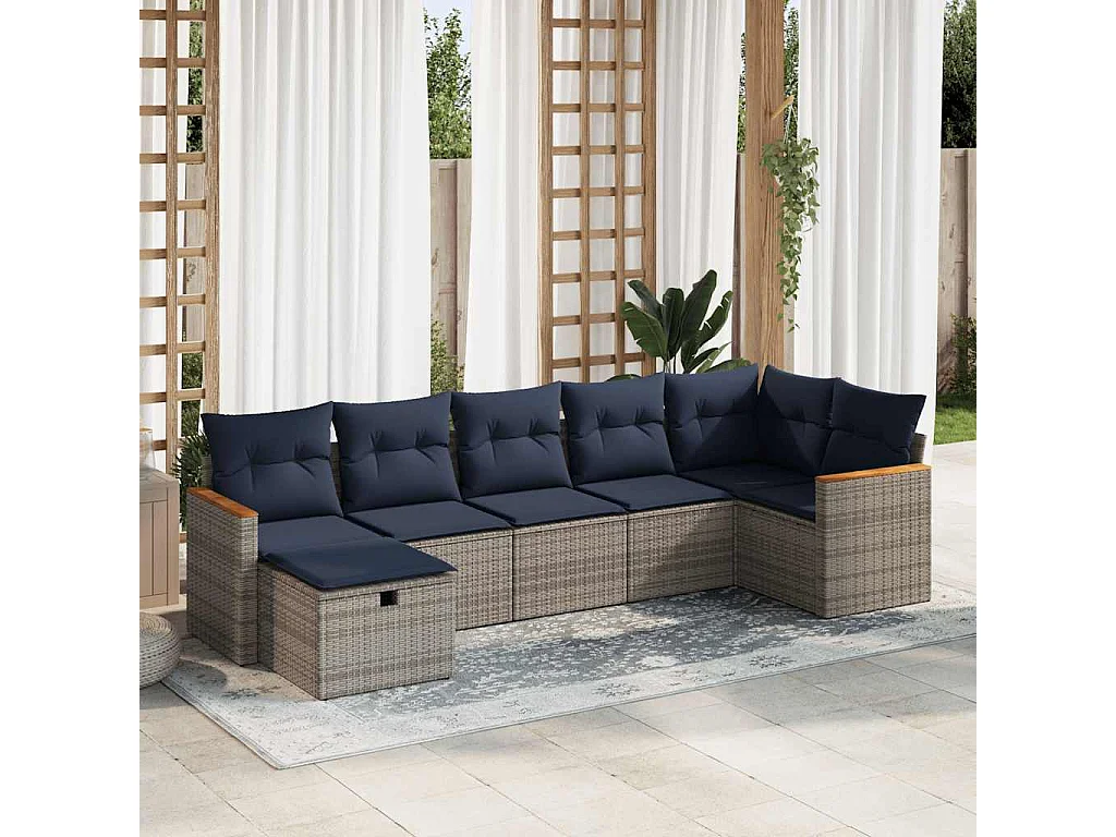 Salon de jardin avec coussins 7 pièces gris résine tressée