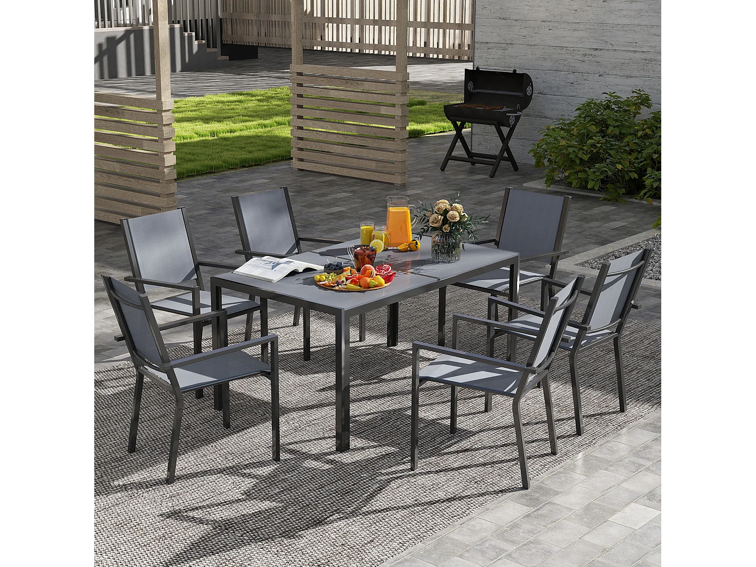 Ensemble salon de jardin 6 places 7 pièces - chaises empilables, plateau à lattes effet bois acier textilène gris