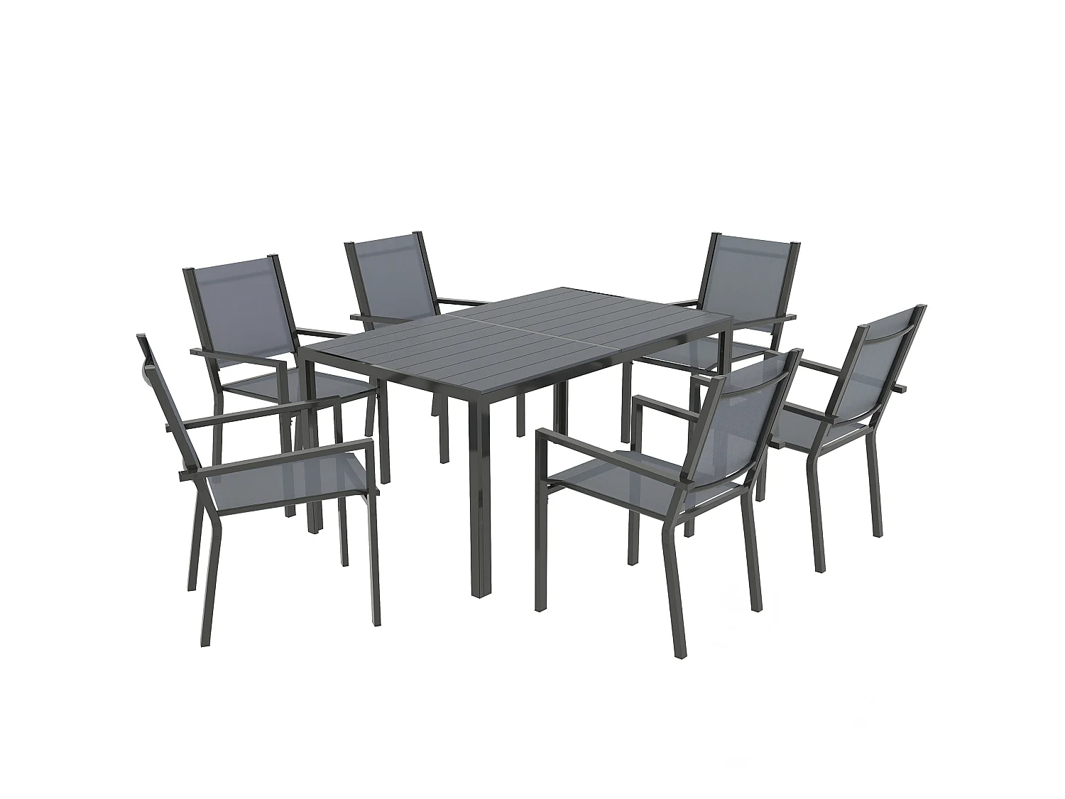 Ensemble salon de jardin 6 places 7 pièces - chaises empilables, plateau à lattes effet bois acier textilène gris