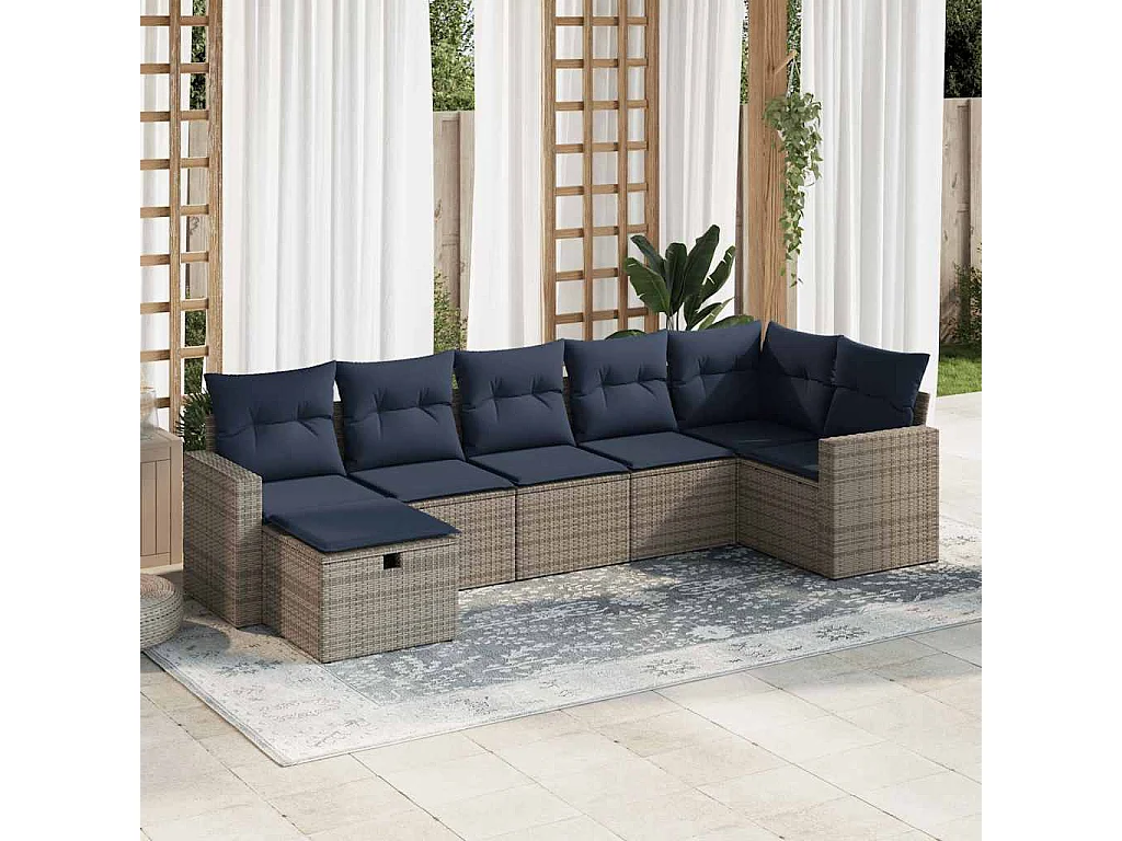 Salon de jardin avec coussins 7 pièces gris résine tressée