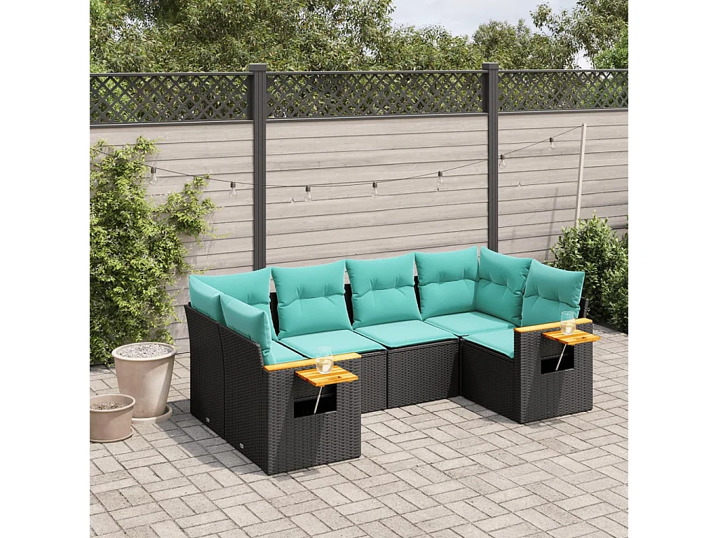 Set de sofás de jardín 6 piezas con cojines ratán sintético negro