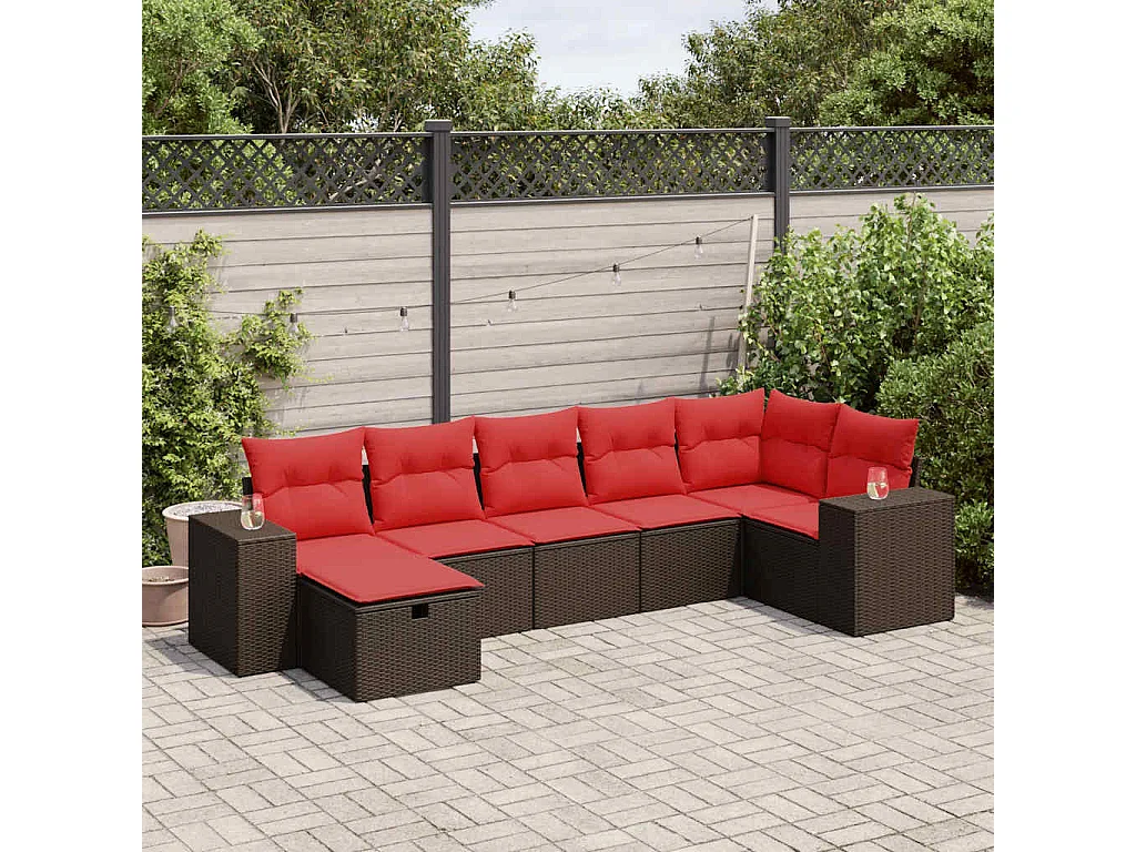 Salon de jardin avec coussins 7 pièces marron résine tressée