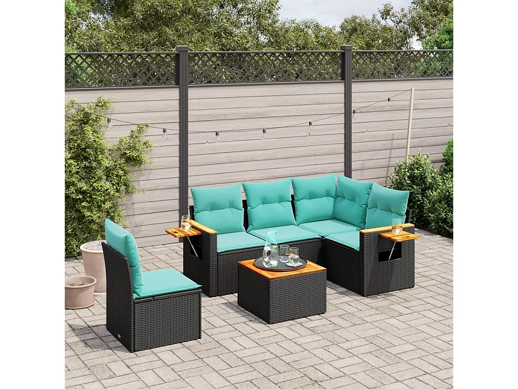 Set de sofás de jardín 6 piezas con cojines ratán sintético negro
