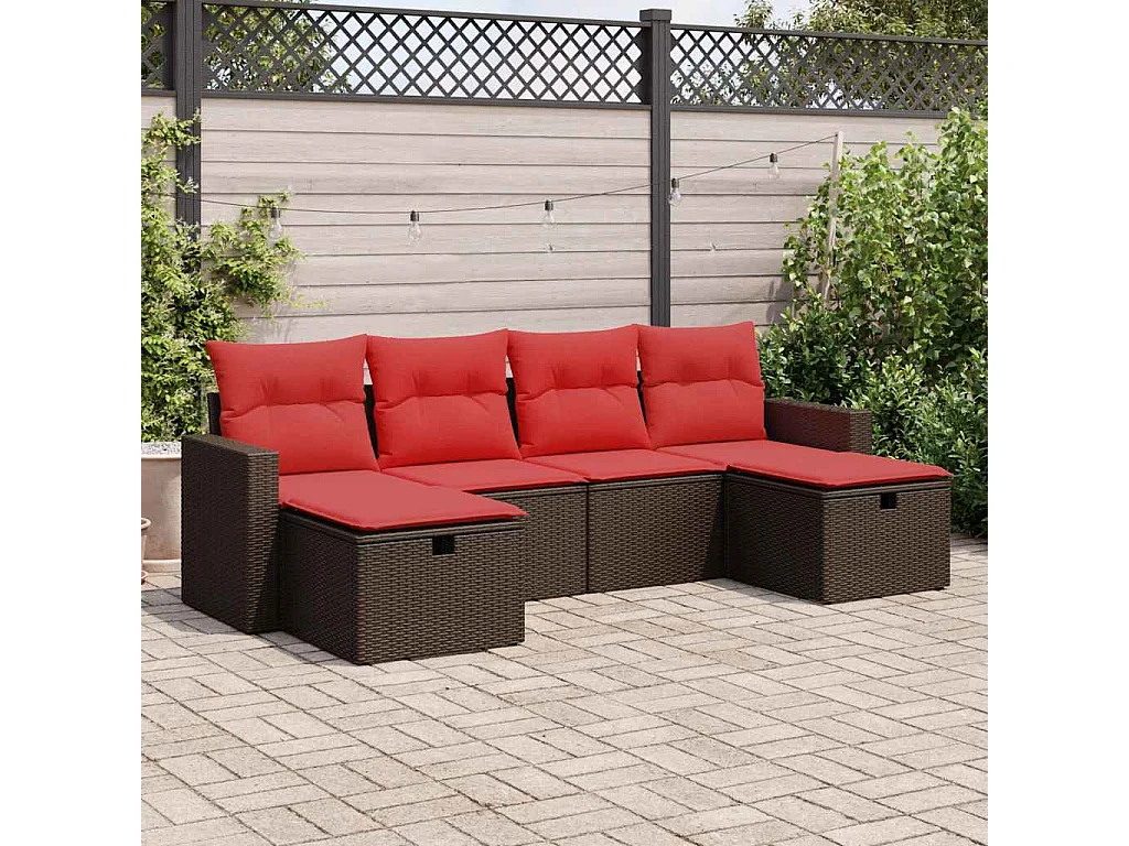 Set sofás de jardín 6 piezas y cojines ratán sintético marrón