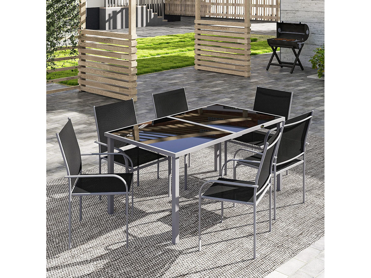 Ensemble de jardin 6 personnes chaises empilables table à manger dim. 150L x 90l x 72H cm plateau verre acier époxy textilène noir