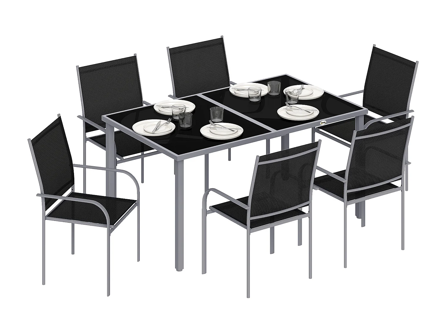 Ensemble de jardin 6 personnes chaises empilables table à manger dim. 150L x 90l x 72H cm plateau verre acier époxy textilène noir