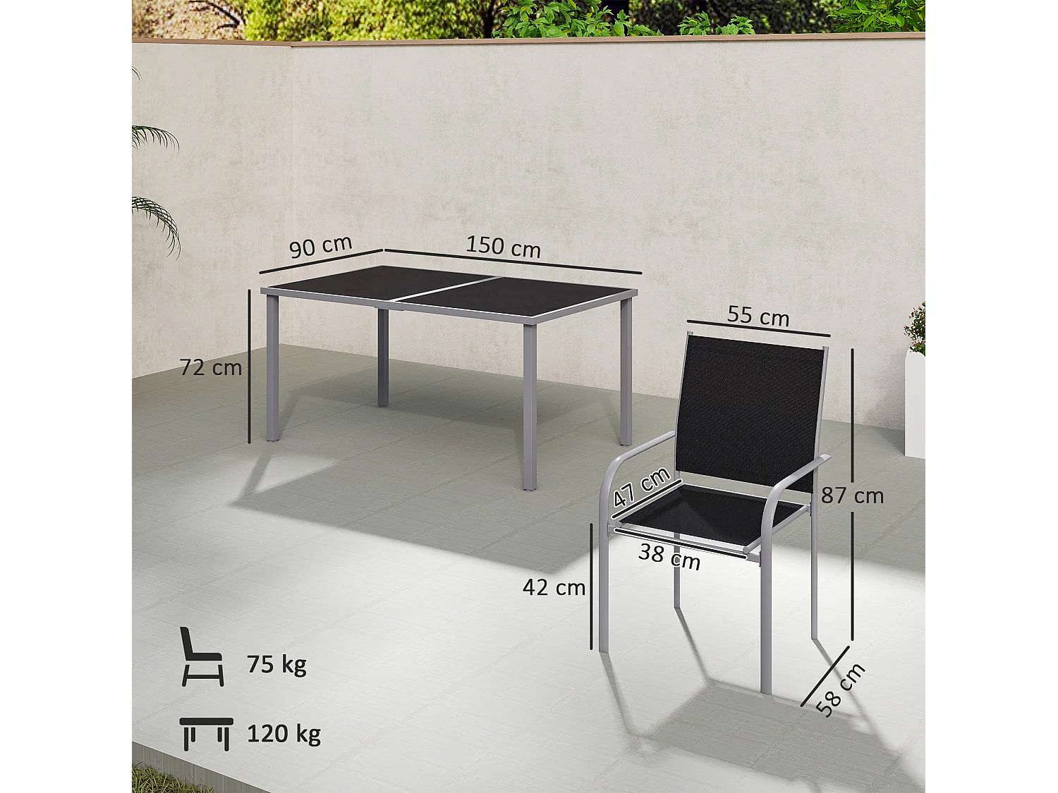 Ensemble de jardin 6 personnes chaises empilables table à manger dim. 150L x 90l x 72H cm plateau verre acier époxy textilène noir