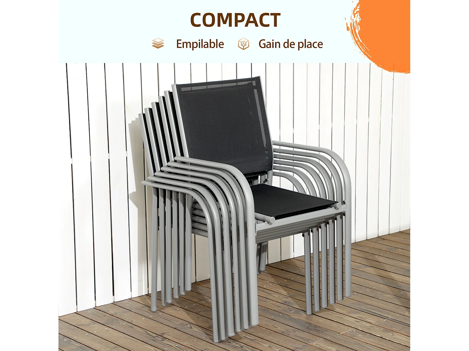 Ensemble de jardin 6 personnes chaises empilables table à manger dim. 150L x 90l x 72H cm plateau verre acier époxy textilène noir