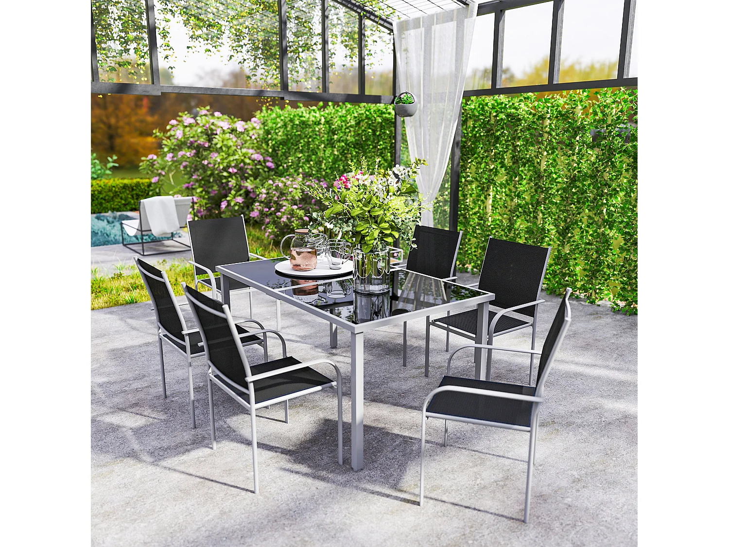 Ensemble de jardin 6 personnes chaises empilables table à manger dim. 150L x 90l x 72H cm plateau verre acier époxy textilène noir