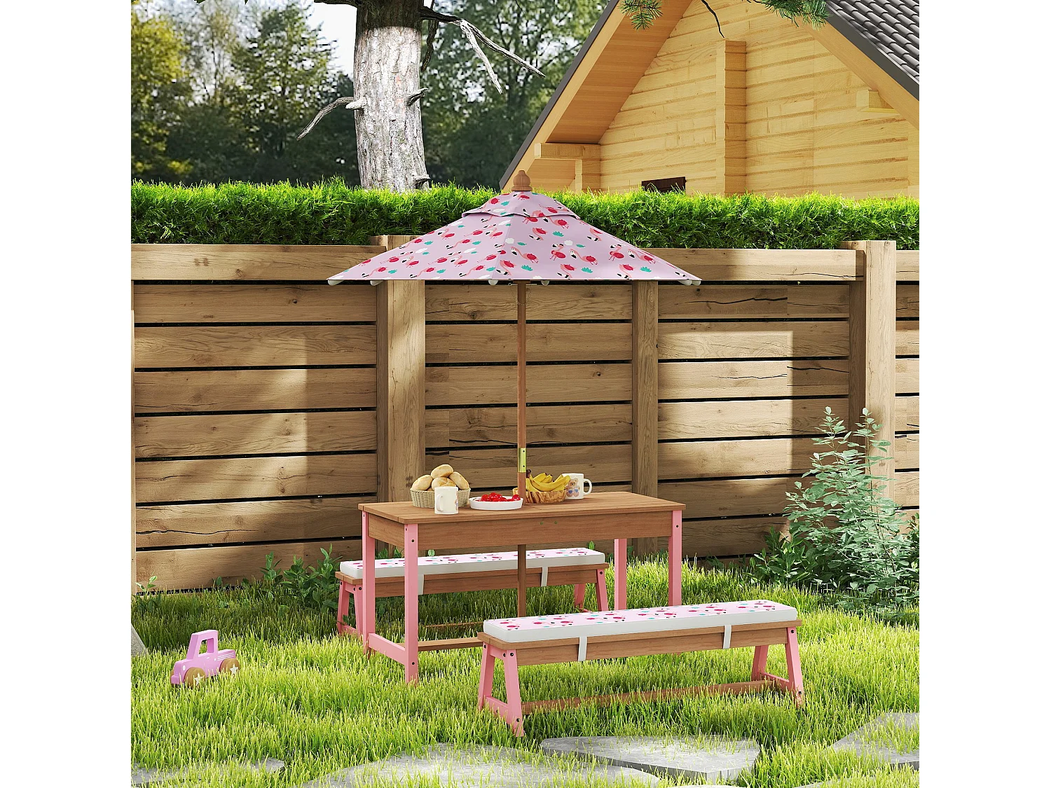 Table pique-nique activités enfant bancs, coussins, parasol, boîtes inclus
